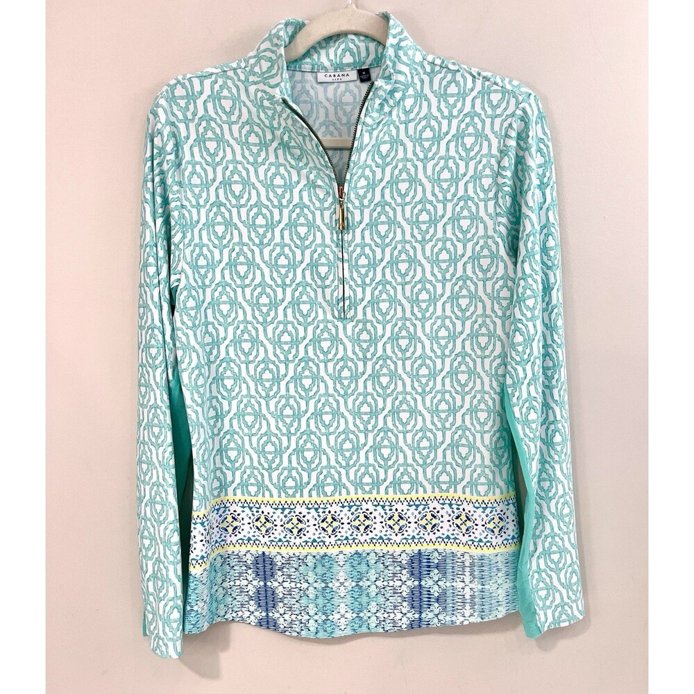 Cabana Life Coastal Cottage 1/4 Quarter Zip Sport Top Green Print Golf M